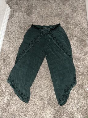 Whimsical Boho Green Rayon Drawstring Pants